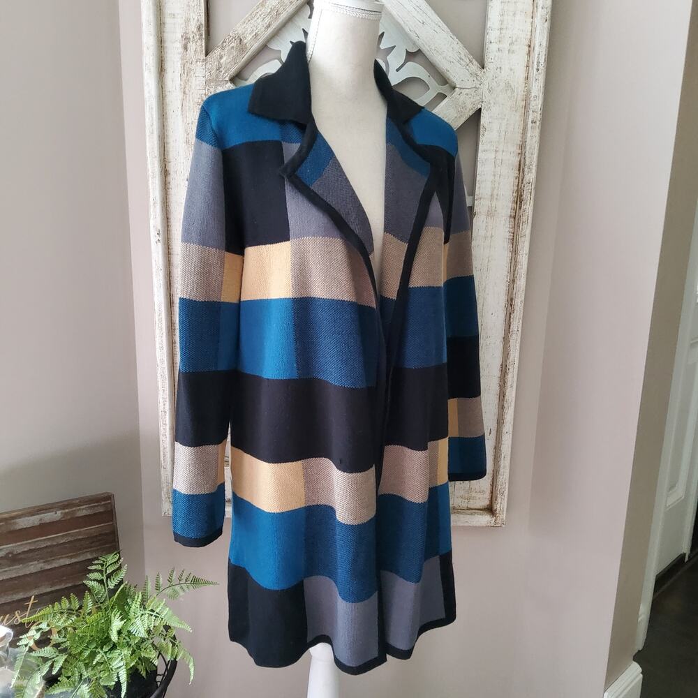 Kasper Academia Preppy Checked Colorblock Long Duster Cardigan Sweater Small
